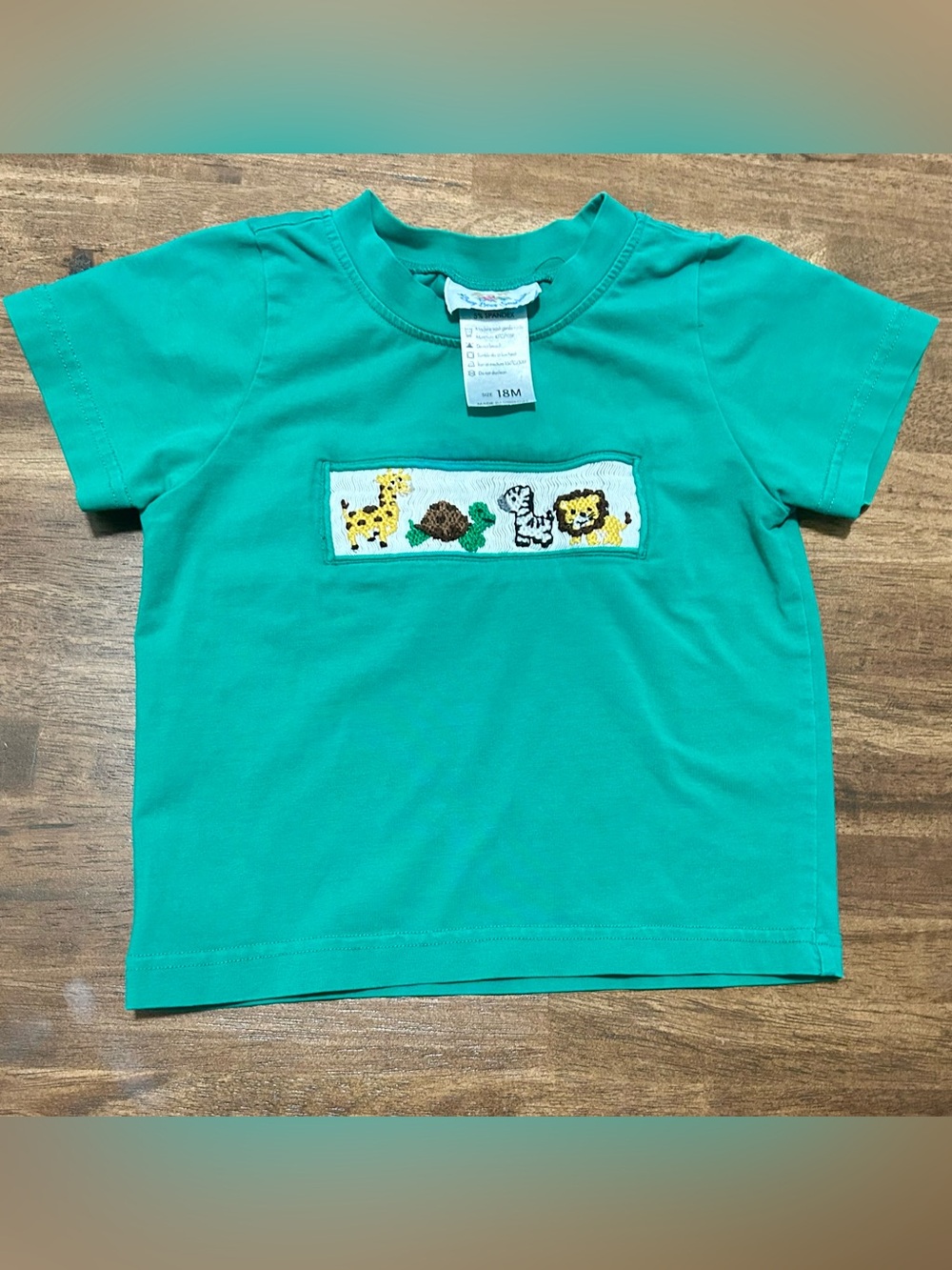 SMOCKED Green Short Sleeve Tee with Smocked Safari Animals